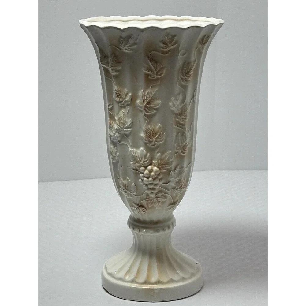 Pottery Pedestal Vase, White‎ & Tan, Raised Embossed Grapes & Leaves, Scalloped